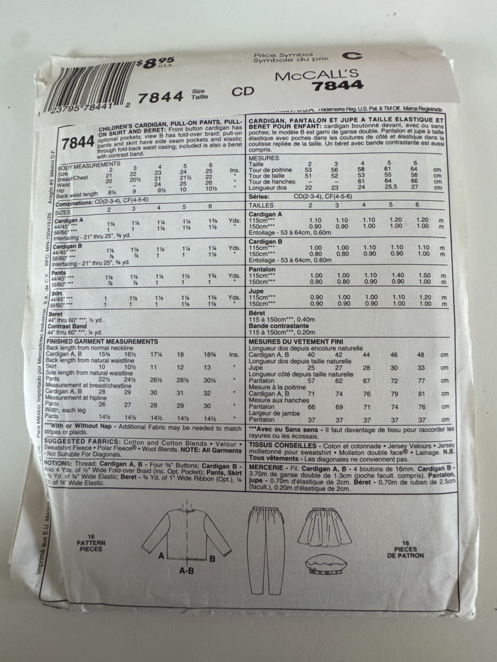 McCalls Sewing Pattern 7844 Kids Cardigan Pants Skirt Beret Hat Easy Girls 2 3 4