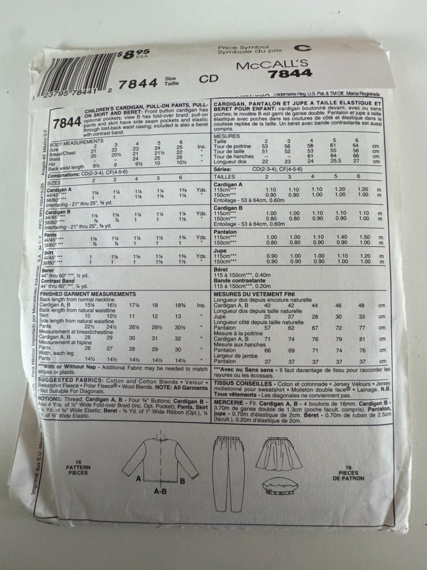 McCalls Sewing Pattern 7844 Kids Cardigan Pants Skirt Beret Hat Easy Girls 2 3 4