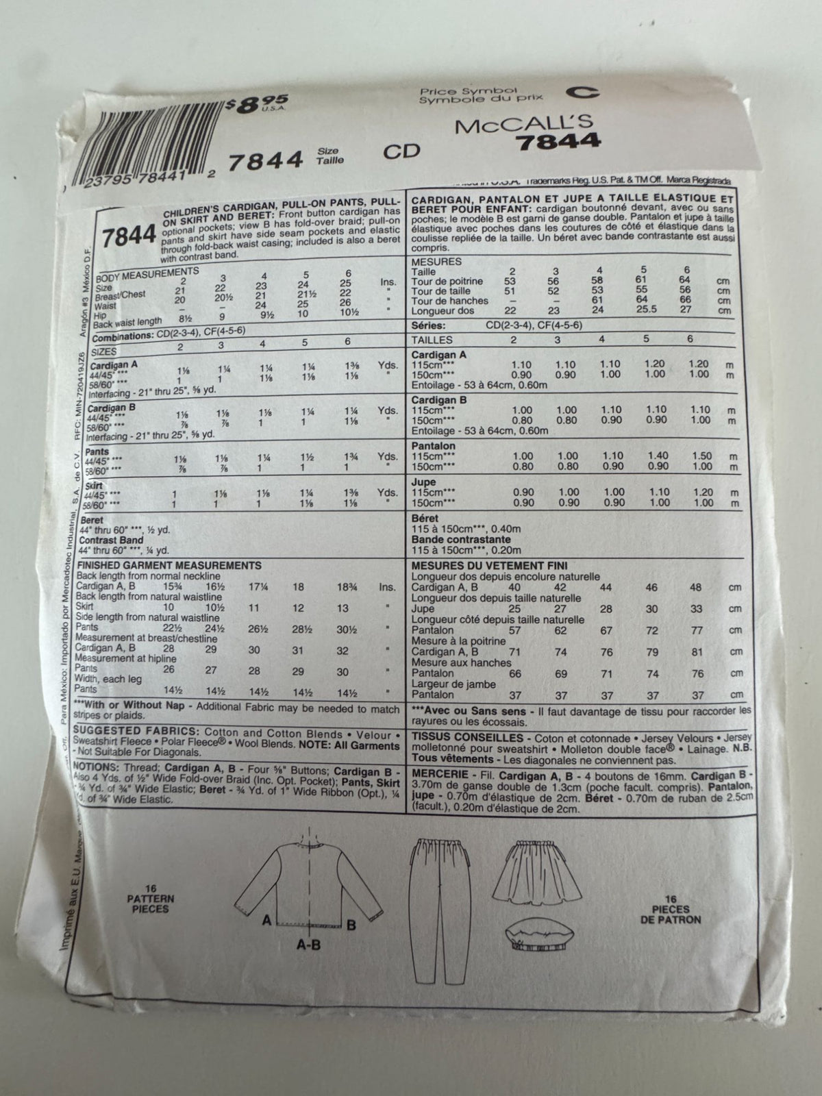 McCalls Sewing Pattern 7844 Kids Cardigan Pants Skirt Beret Hat Easy Girls 2 3 4