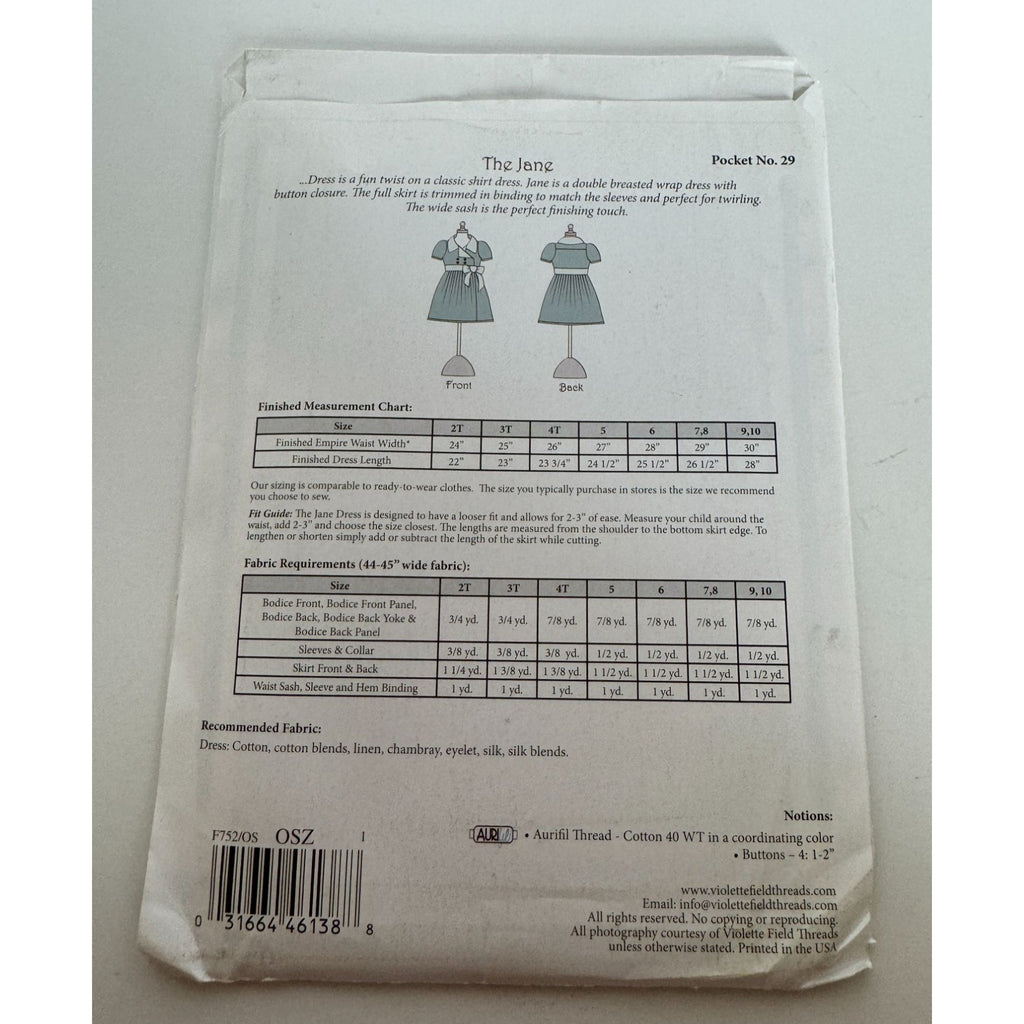 Violette Field Threads Sewing Pattern Jane Double-Breasted Wrap Dress 2T-10 yrs