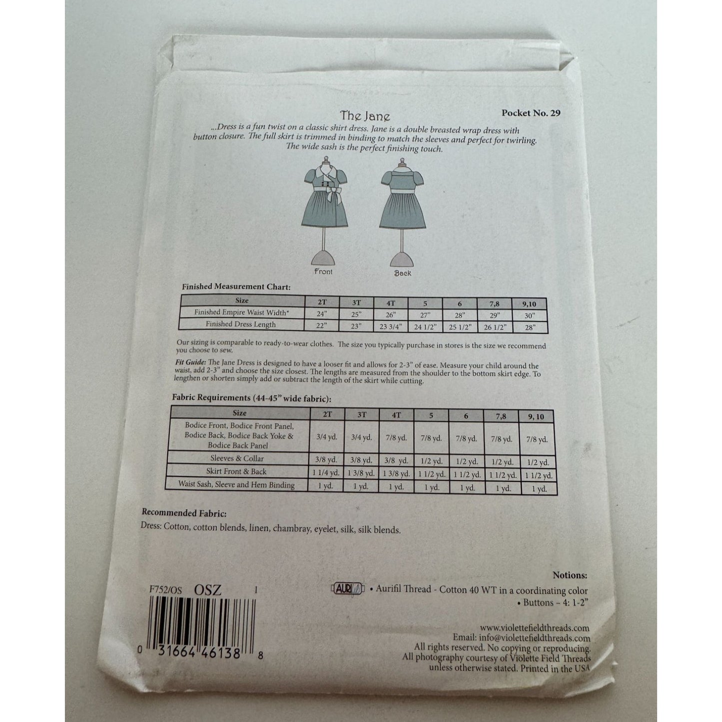 Violette Field Threads Sewing Pattern Jane Double-Breasted Wrap Dress 2T-10 yrs