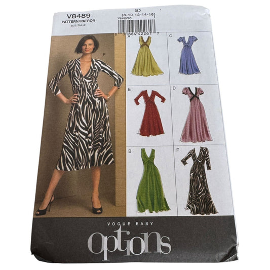 Vogue Sewing Pattern V8489 Dress V-Neck Back Zipper Multiple Styles Easy 8-16 UC
