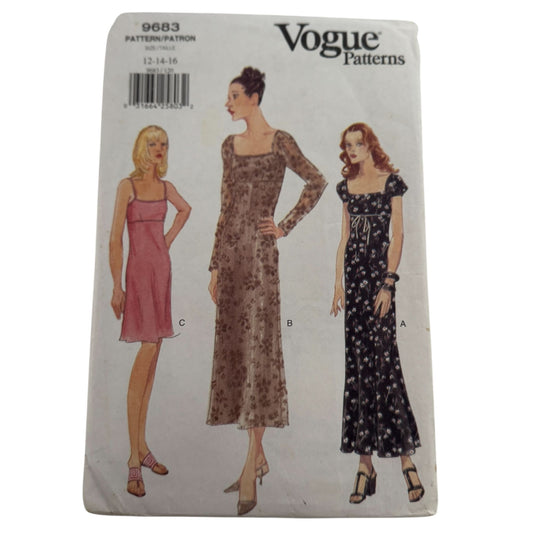 Vogue Sewing Pattern 9683 Dress Empire Waist A-Line Size 12-14-16 Sundress Uncut