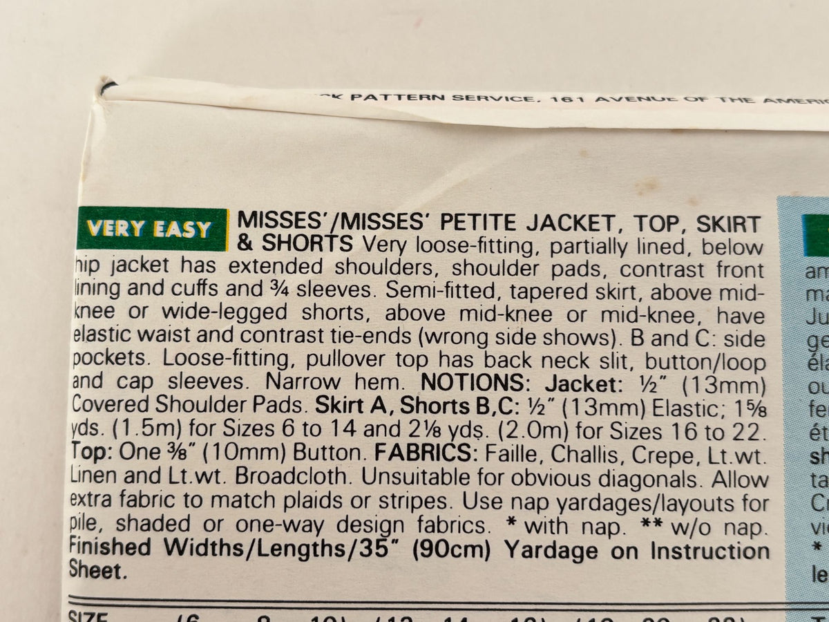 Butterick Sewing Pattern 6592 Jacket Top Skirt Shorts Easy 6 8 10 90s Vintage UC