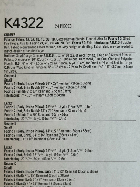 Kwik Sew Sewing Pattern K4322 Gnomes Holiday Home Decor Christmas Thanksgiving