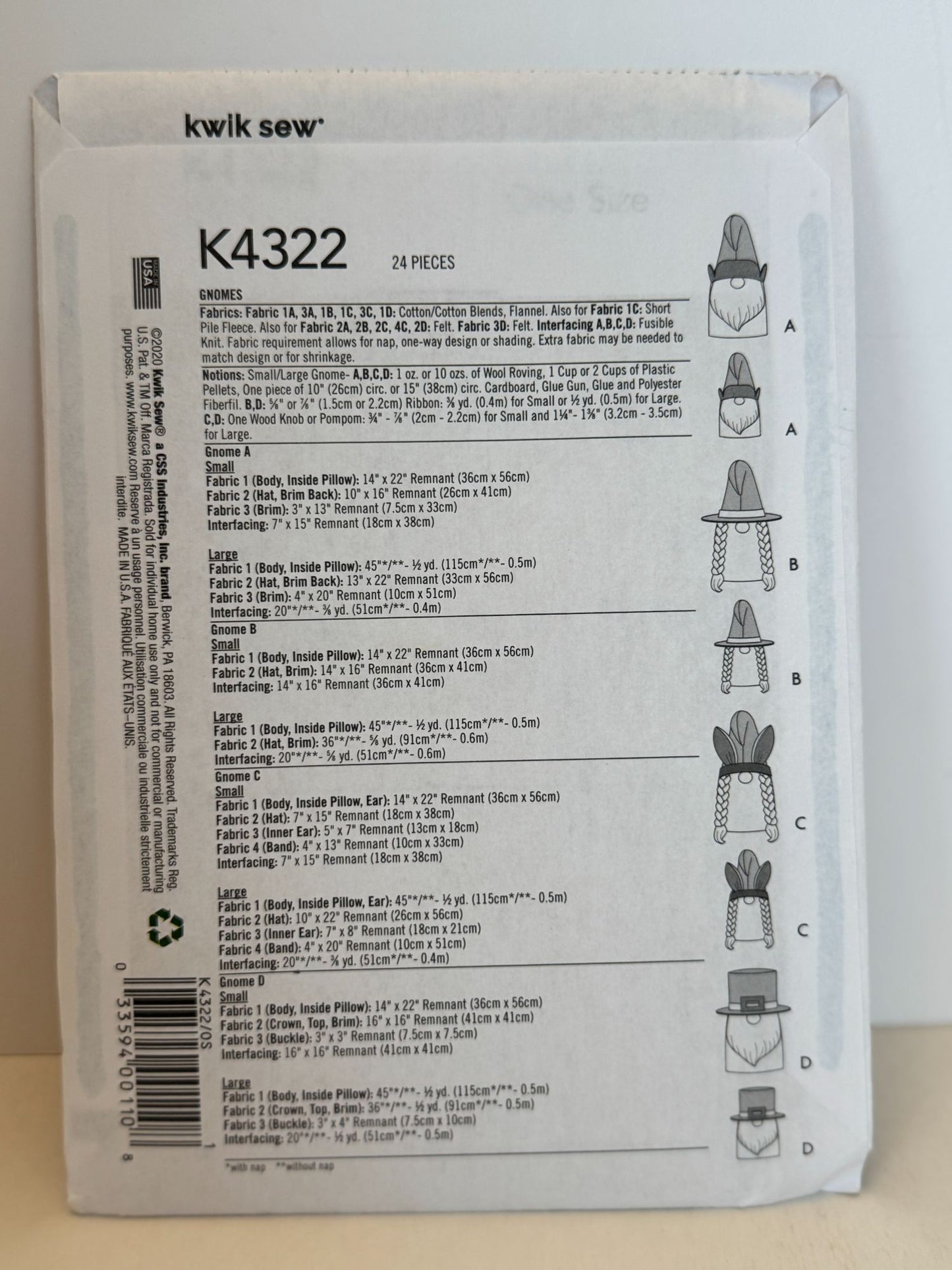 Kwik Sew Sewing Pattern K4322 Gnomes Holiday Home Decor Christmas Thanksgiving