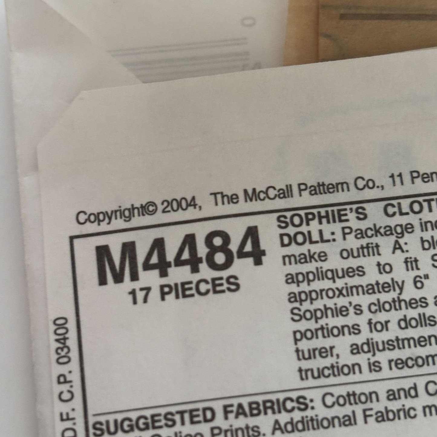 McCalls Sewing Pattern M4484 Sophie Doll Clothes Clothing School Dress Ragtime