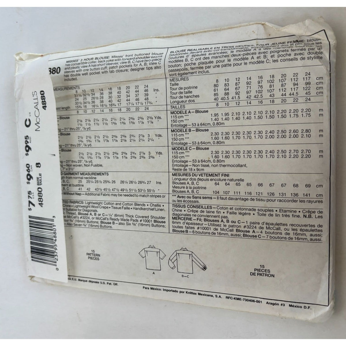 McCalls Sewing Pattern 4880 Perfect 3 Hour Blouse Front Button 1990 Size 8 Uncut