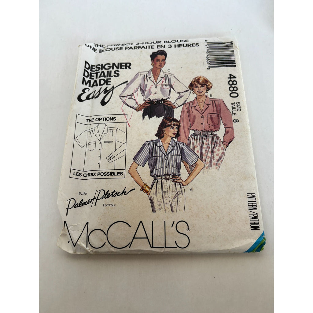 McCalls Sewing Pattern 4880 Perfect 3 Hour Blouse Front Button 1990 Size 8 Uncut