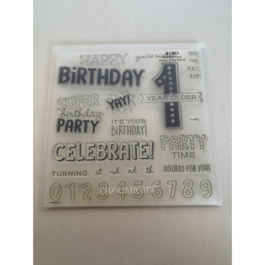 CTMH Acrylic Stamp Set Birthday Time Party Invitation 1 Year Older Words S1803