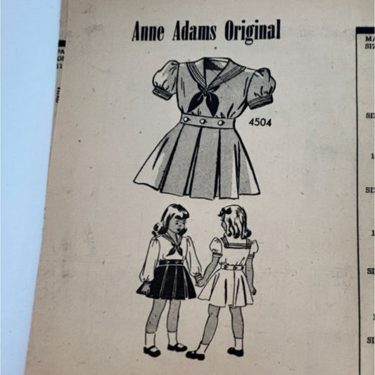 Anne Adams 4504 Sewing Pattern WWII Girls Sailor Dress 2 Pc Size 6 1940s Vintage