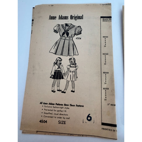 Anne Adams 4504 Sewing Pattern WWII Girls Sailor Dress 2 Pc Size 6 1940s Vintage