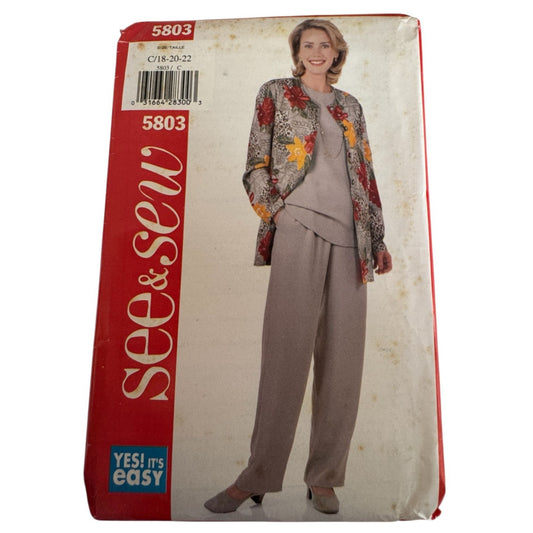 Vintage 90s Minimalist Jacket Pants Sewing Pattern Butterick 5803 Loose Fit Set 18-22 Uncut