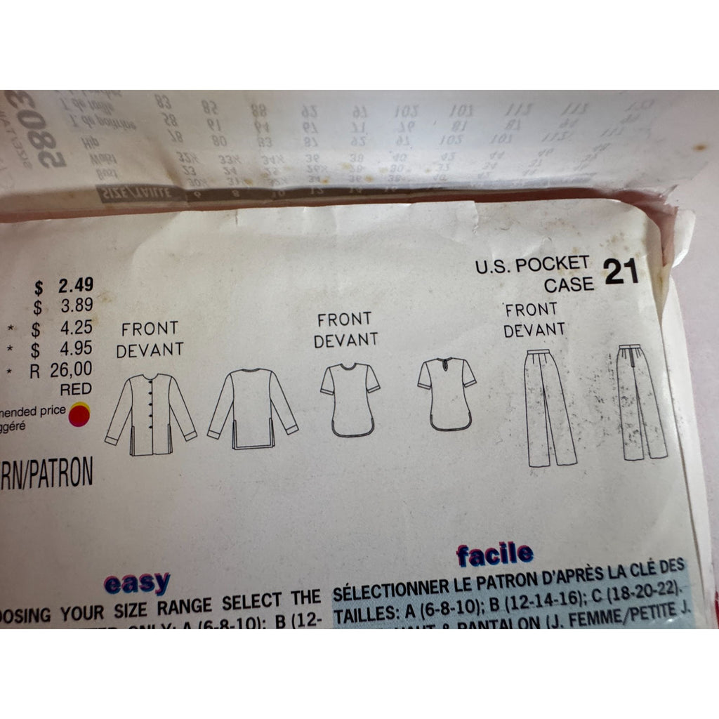 Vintage 90s Minimalist Jacket Pants Sewing Pattern Butterick 5803 Loose Fit Set 18-22 Uncut
