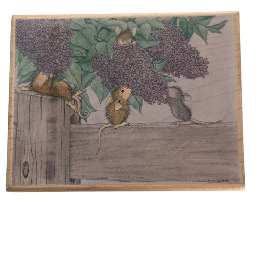 House Mouse Rubber Stamp Aromatherapy Lilacs Flowers Mice Fence Stampabilities