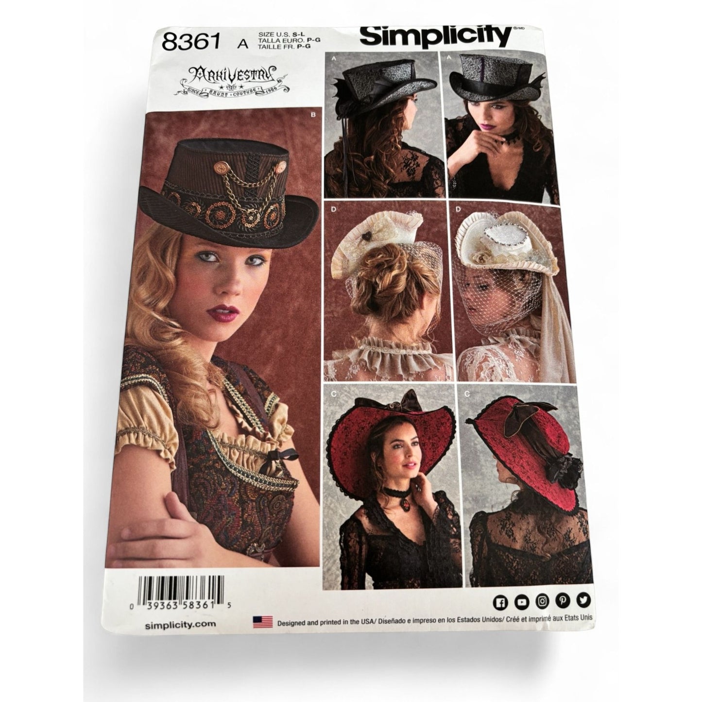 Simplicity 8361 Hat Sewing Pattern Steampunk Victorian Hats Cosplay Arkivestry Costume Millinery S-L Uncut