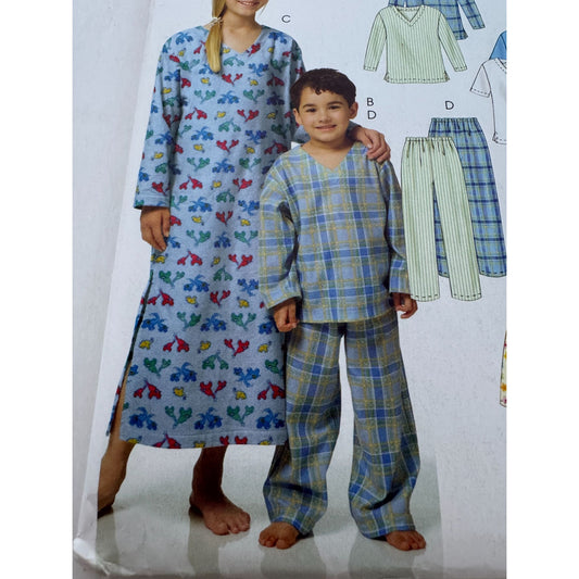 McCalls Sewing Pattern M5216 Nightshirt Pajamas Pants Boys Girls Kids XS-S 3-6
