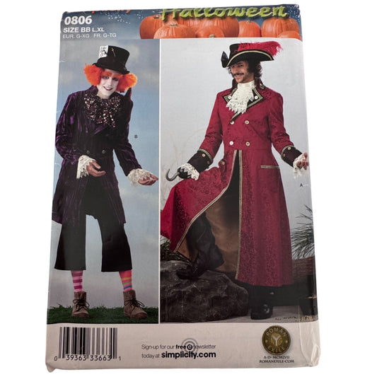 Simplicity Sewing Pattern 0806 Pirate Mad Hatter Costume Coat Mens L-XL Cosplay Uncut Halloween