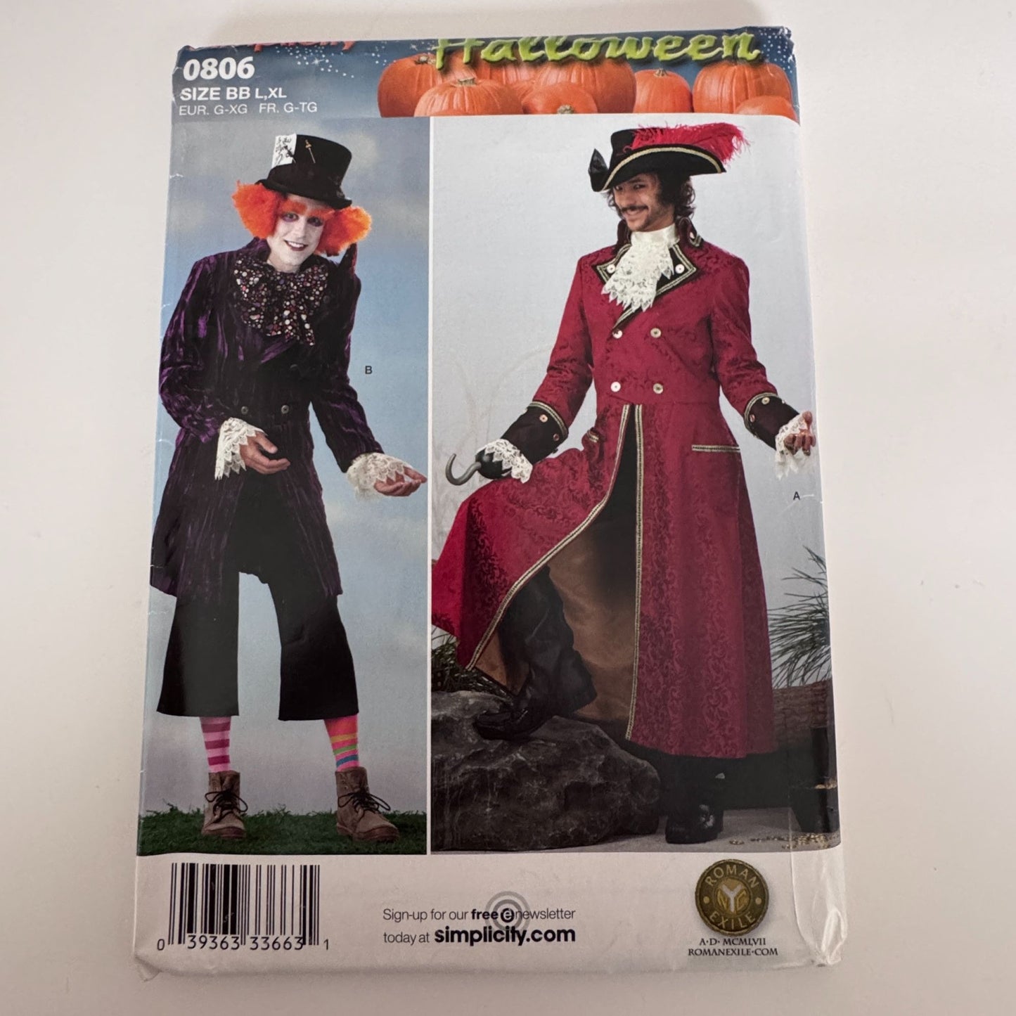 Simplicity Sewing Pattern 0806 Pirate Mad Hatter Costume Coat Mens L-XL Cosplay Uncut Halloween