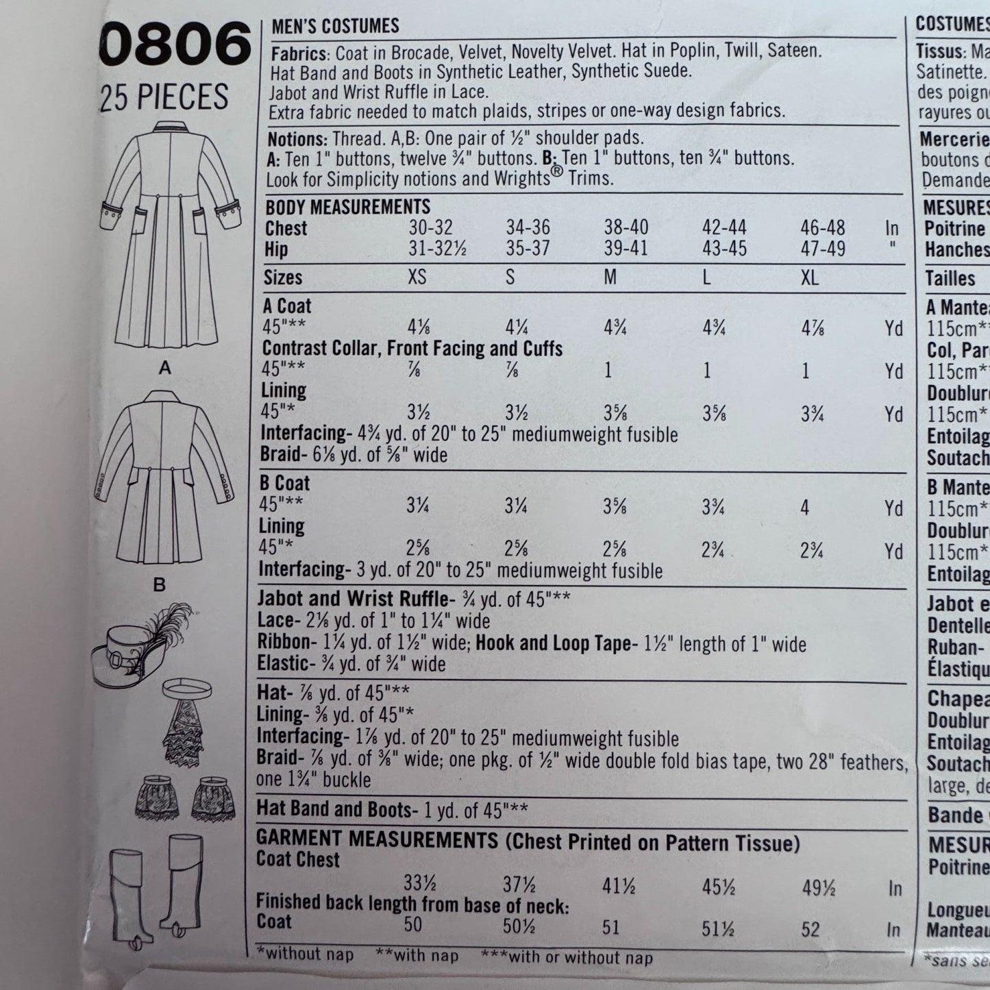Simplicity Sewing Pattern 0806 Pirate Mad Hatter Costume Coat Mens L-XL Cosplay Uncut Halloween