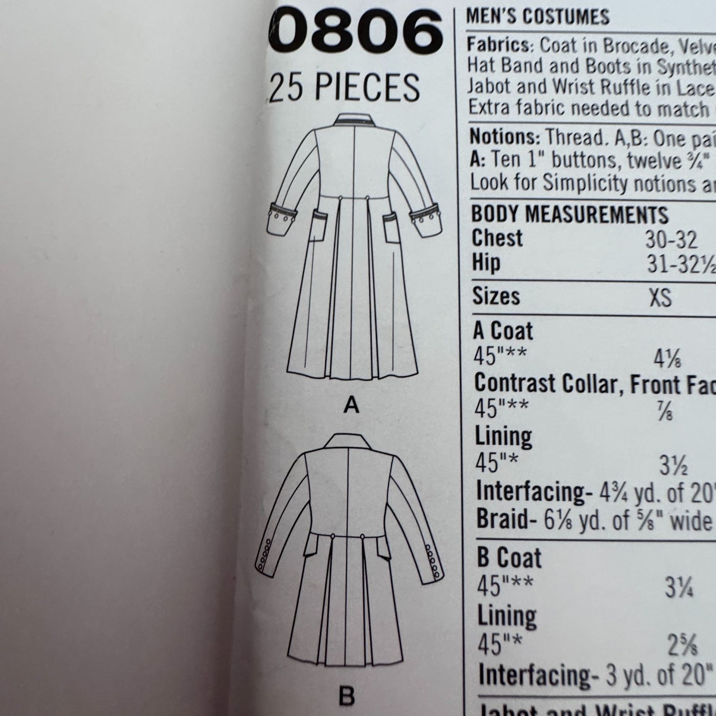 Simplicity Sewing Pattern 0806 Pirate Mad Hatter Costume Coat Mens L-XL Cosplay Uncut Halloween