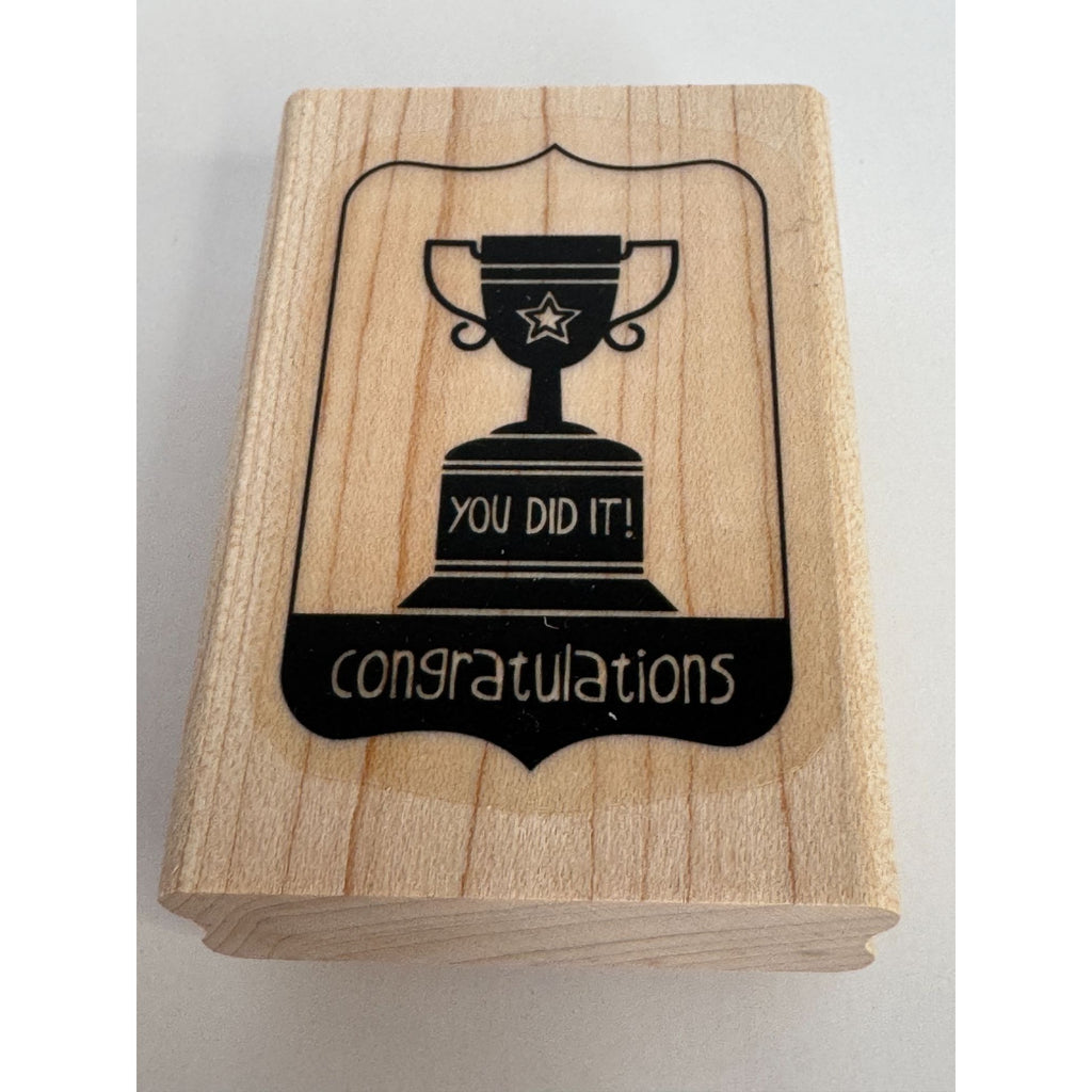 Stampin Up Rubber Stamp Trophy Cup Congratulations You Did It Winner Wood Mount