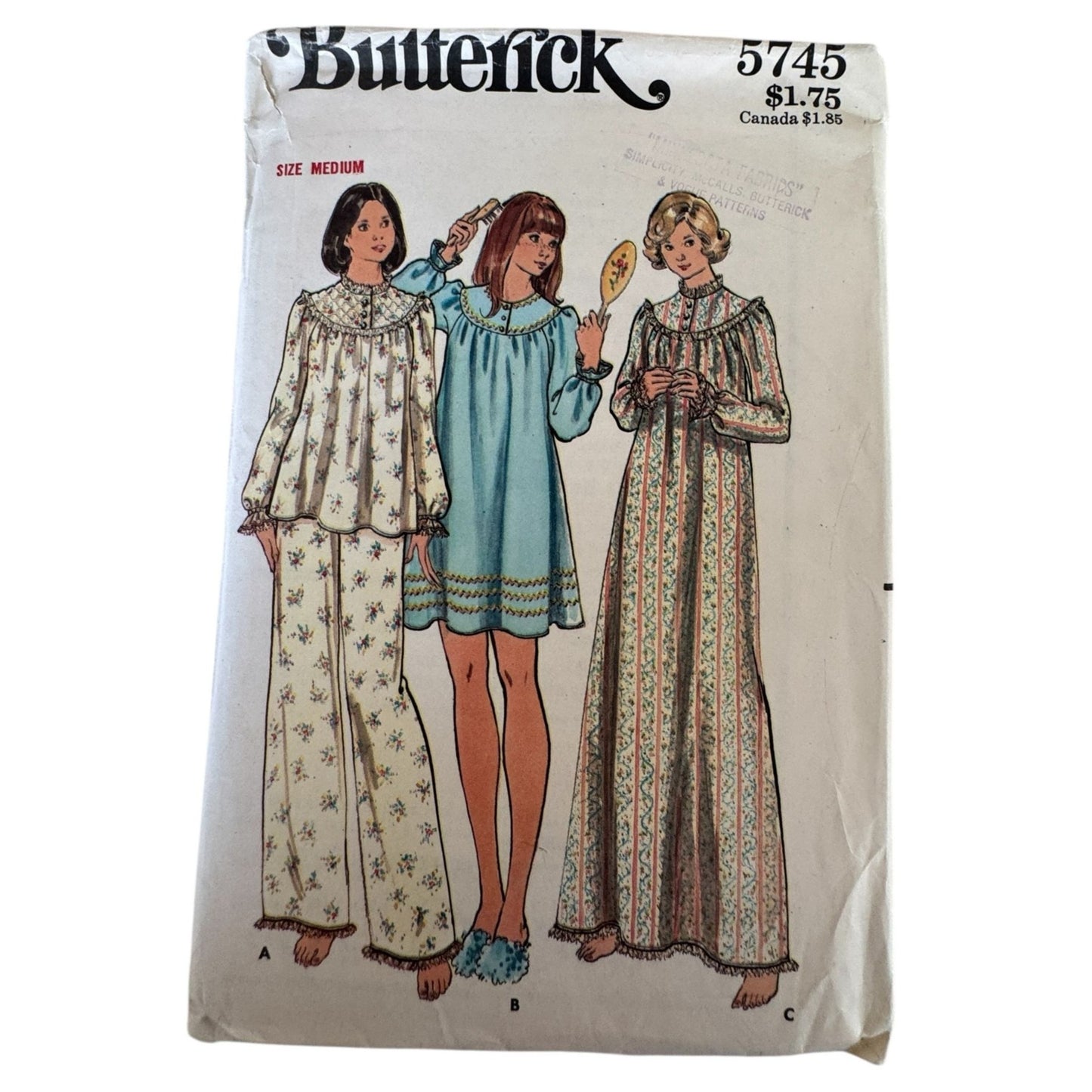 70s Boho Nightgown Pajama Sewing Pattern Butterick 5745 Vintage Prairie Sleepwear Set 12-14 Uncut