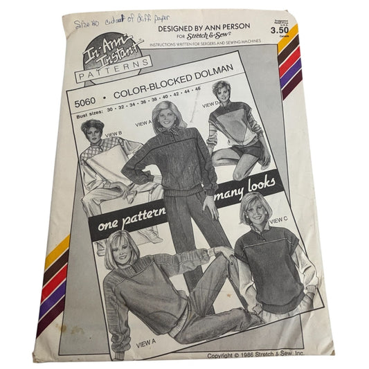 Stretch and Sew Sewing Pattern 5060 Color Blocked Dolman Top Shirt Athletic UC