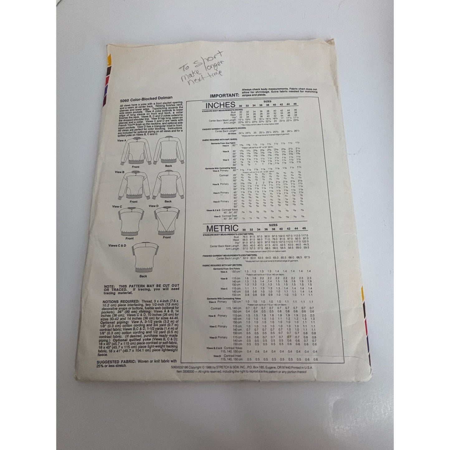 Stretch and Sew Sewing Pattern 5060 Color Blocked Dolman Top Shirt Athletic UC