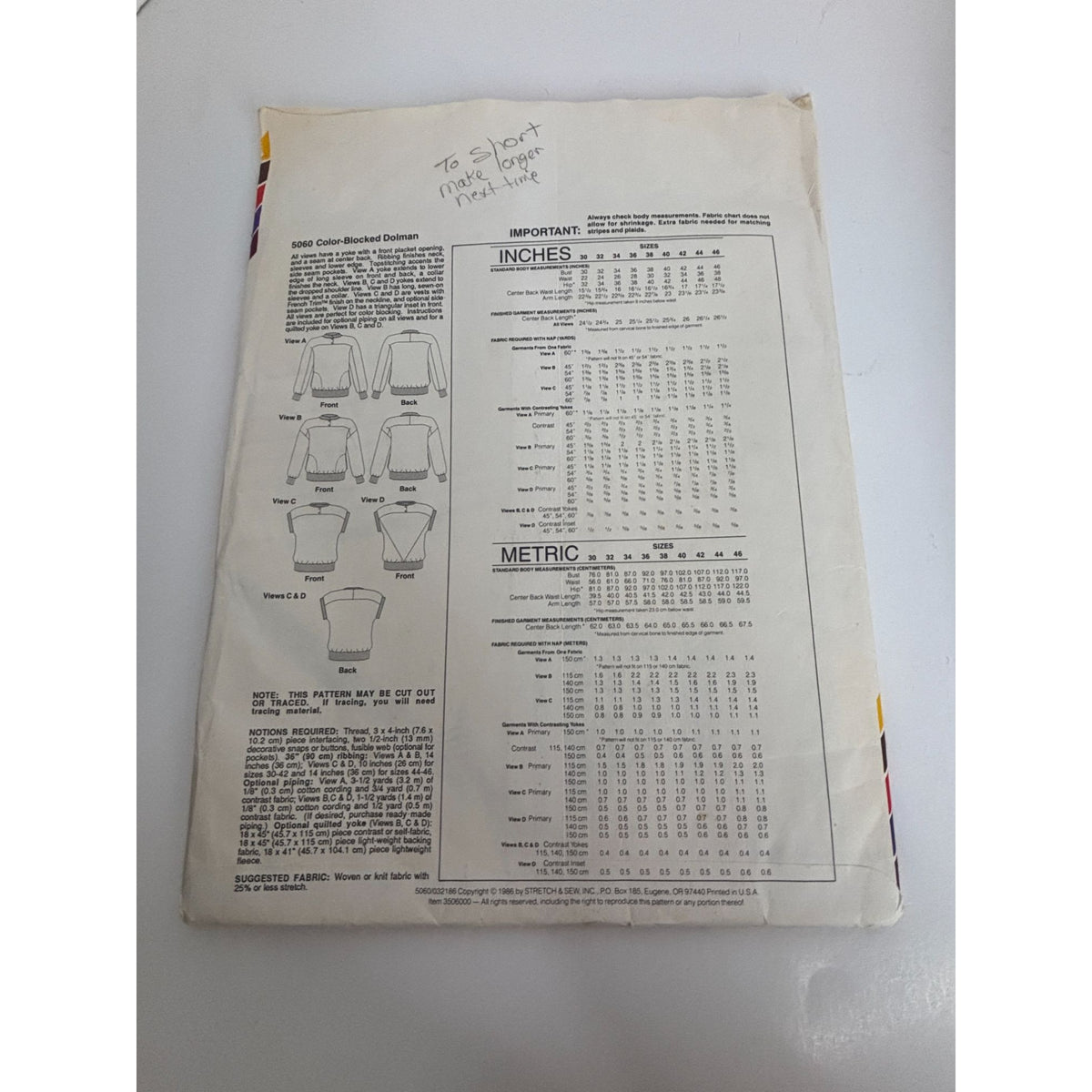 Stretch and Sew Sewing Pattern 5060 Color Blocked Dolman Top Shirt Athletic UC