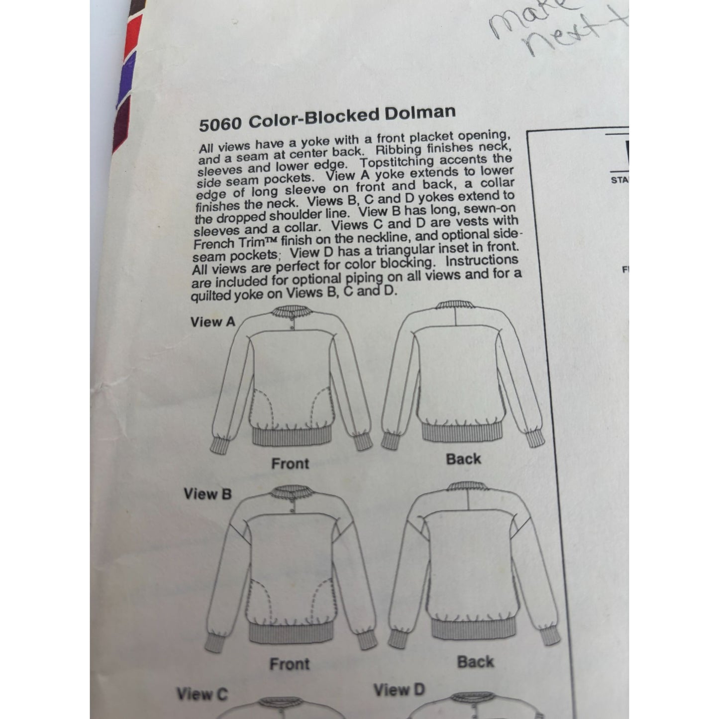 Stretch and Sew Sewing Pattern 5060 Color Blocked Dolman Top Shirt Athletic UC