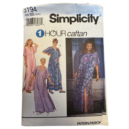 Simplicity Sewing Pattern 8194 Caftan Dress V-Neck Easy 1 Hour L XL 18-24 1990s Uncut