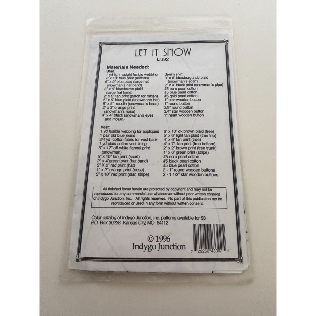 Indygo Junction Sewing Pattern Denim Vest Let It Snow Appliques S-XL Christmas