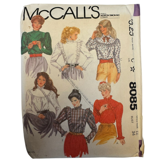 McCalls Sewing Pattern 8085 1980s Blouse Top Vintage Puff Sleeve Romantic 12 Uncut