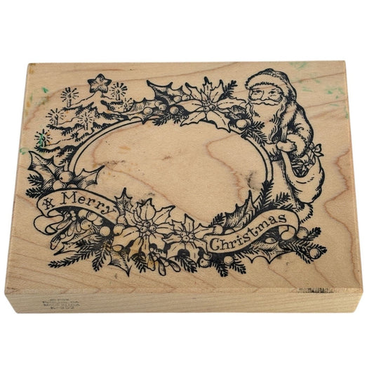 PSX Rubber Stamp Merry Christmas Santa Oval Frame Holiday Card Making Holly K352