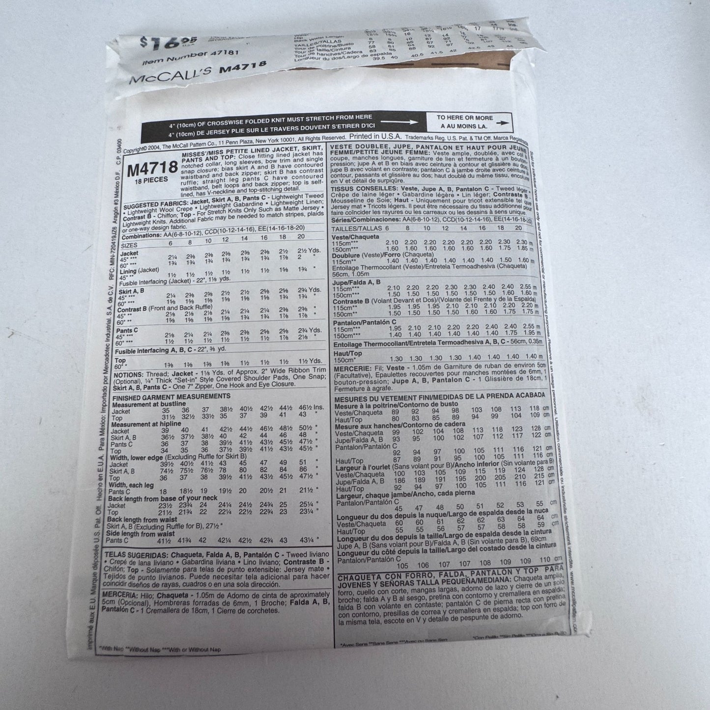 McCalls Sewing Pattern M4718 Office Outfit Jacket Skirt Corporate Core 6-12 Uncut Pants Y2K
