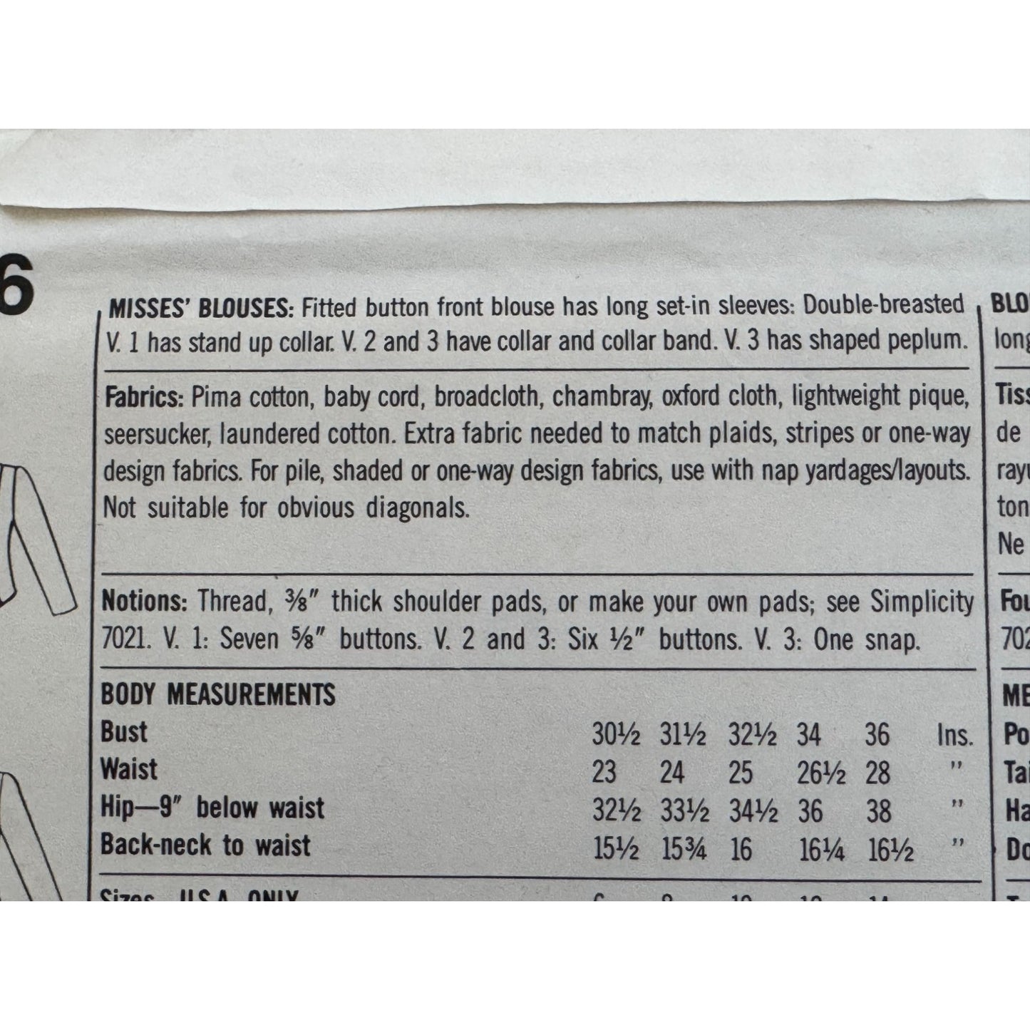 Simplicity Sewing Pattern 8776 Blouse w/ Peplum Double Breasted Size 8 1980s UC