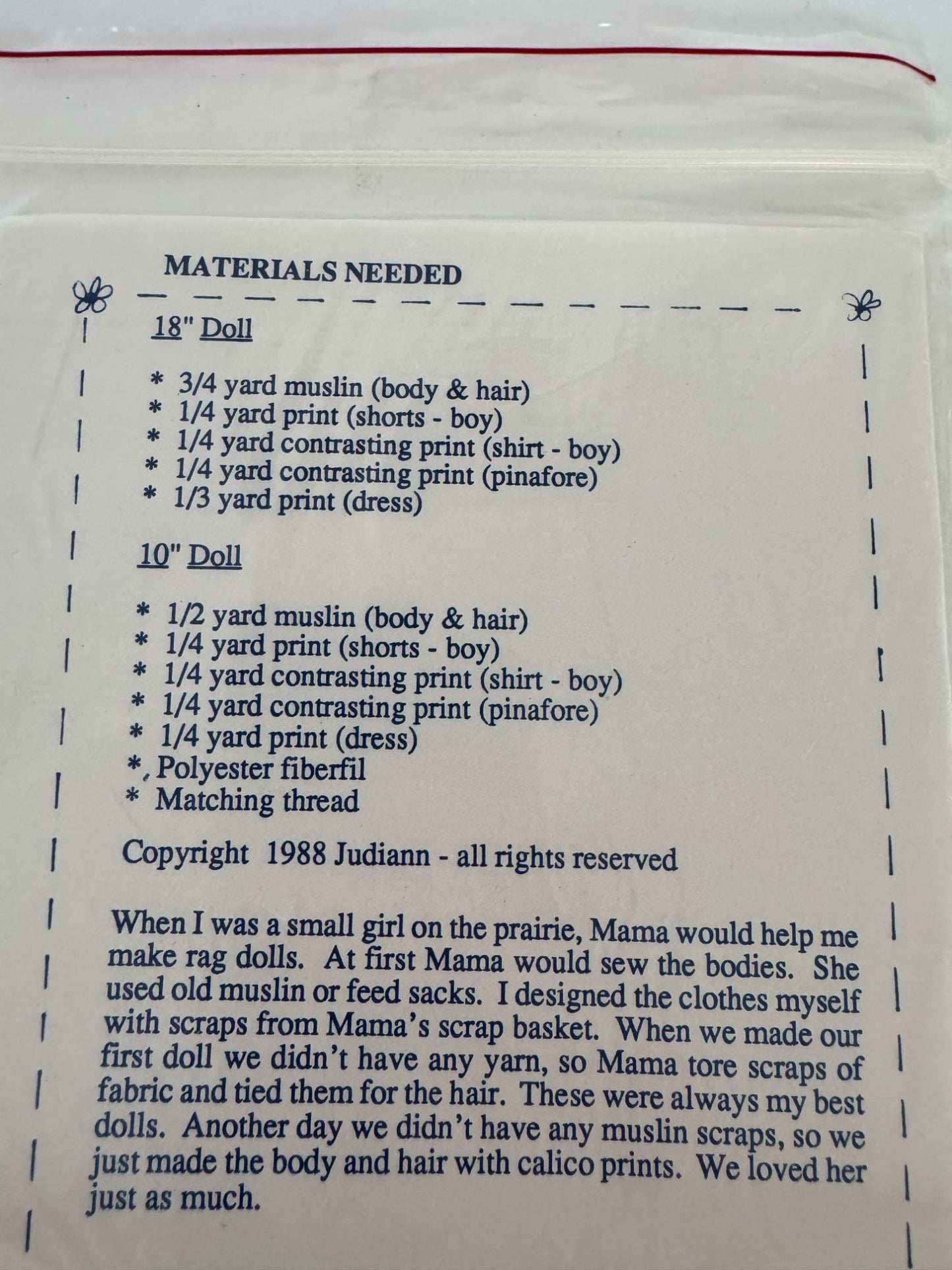 Sew Special Sewing Pattern Rag Doll Memories Folk Scraps Country 1980s Vintage