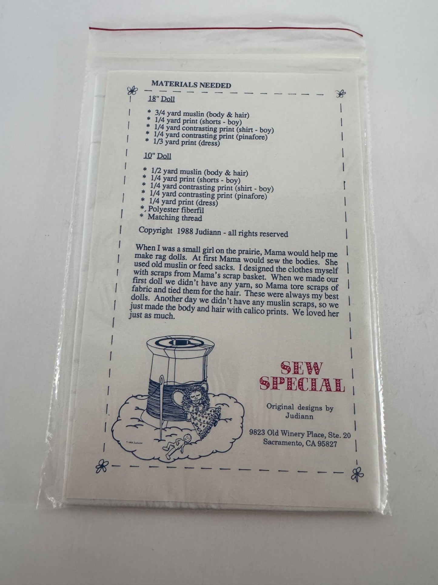 Sew Special Sewing Pattern Rag Doll Memories Folk Scraps Country 1980s Vintage