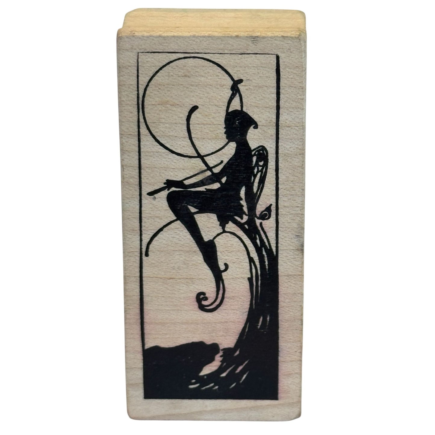 Magenta Rubber Stamp Fairy Silhouette Fantasy Art Nouveau Style Wooden Fairycore