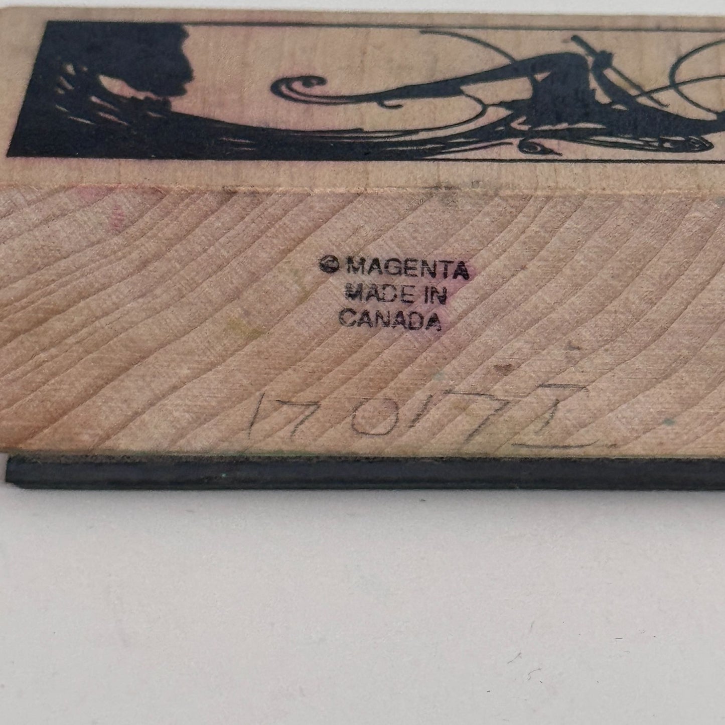 Magenta Rubber Stamp Fairy Silhouette Fantasy Art Nouveau Style Wooden Fairycore