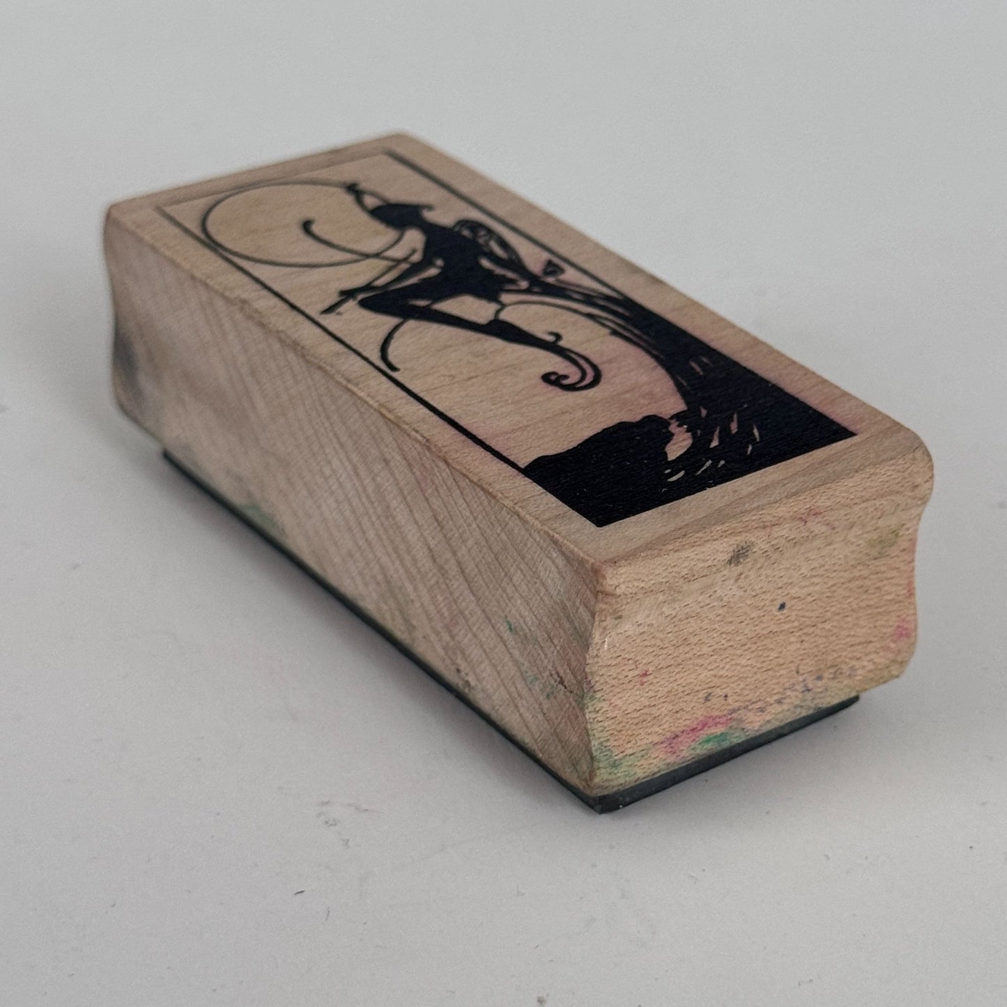 Magenta Rubber Stamp Fairy Silhouette Fantasy Art Nouveau Style Wooden Fairycore