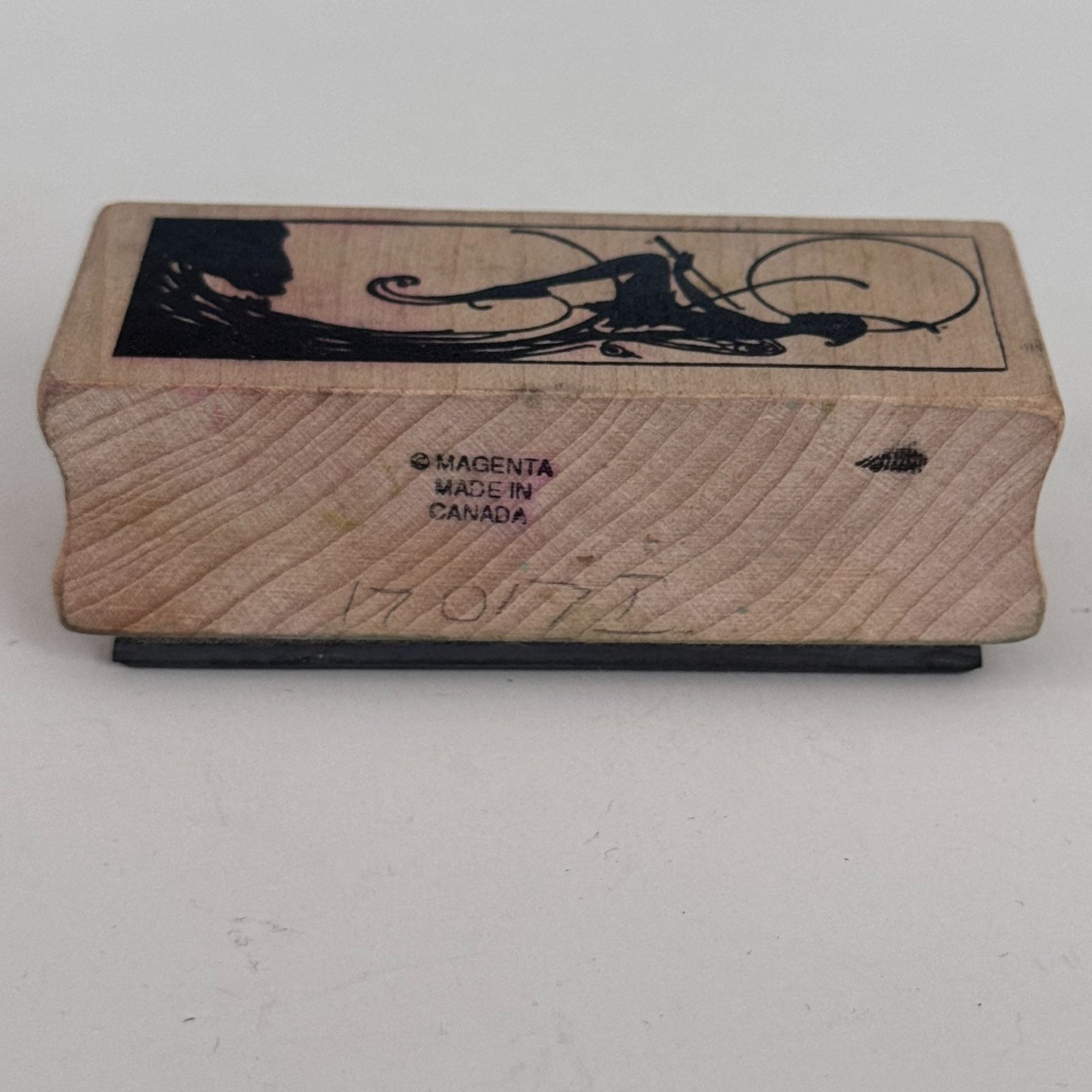 Magenta Rubber Stamp Fairy Silhouette Fantasy Art Nouveau Style Wooden Fairycore