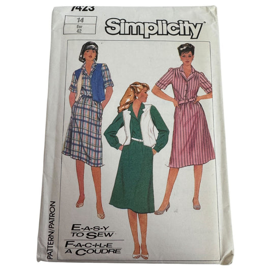 Simplicity Sewing Pattern 7423 Shirtdress Shirt Dress Vest 1980s Size 14 Uncut