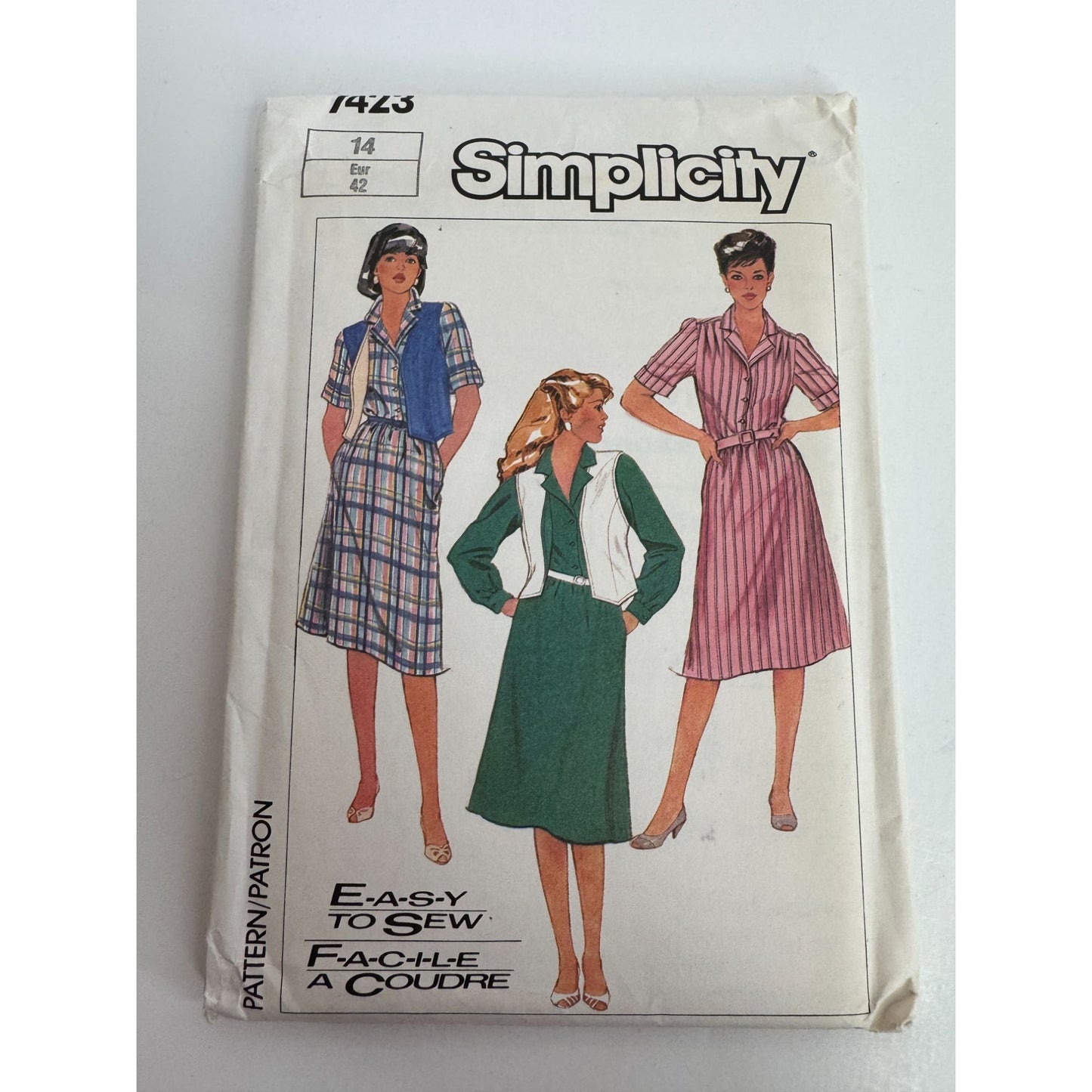 Simplicity Sewing Pattern 7423 Shirtdress Shirt Dress Vest 1980s Size 14 Uncut