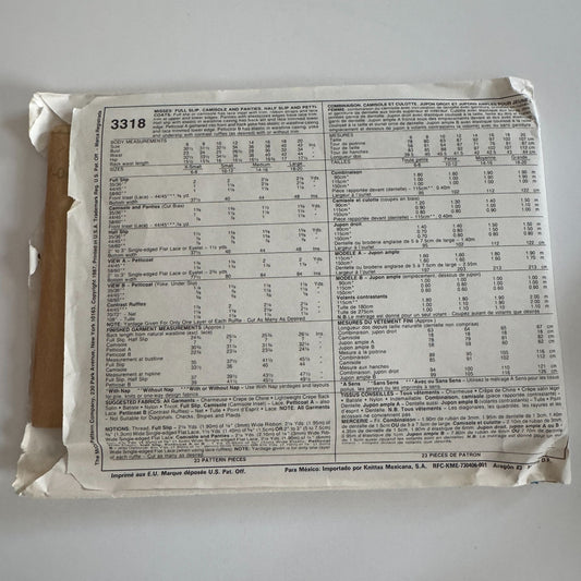 McCalls Sewing Pattern 3318 Misses Full Slip Camisole Half Slip Petticoats 10 12