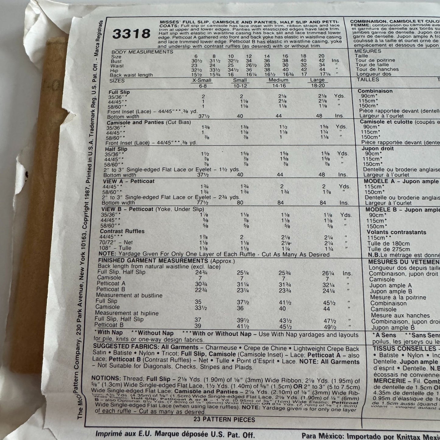 McCalls Sewing Pattern 3318 Misses Full Slip Camisole Half Slip Petticoats 10 12