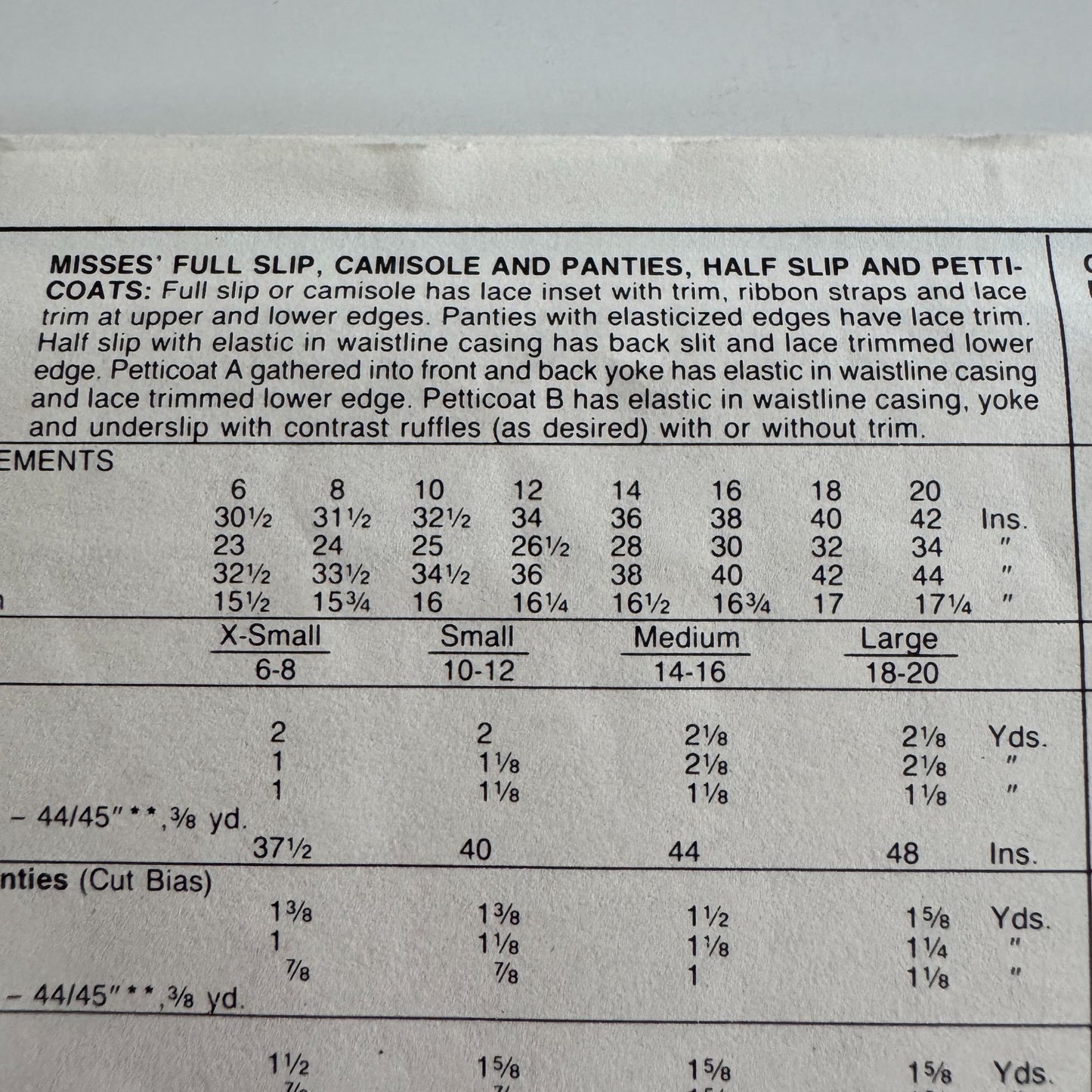 McCalls Sewing Pattern 3318 Misses Full Slip Camisole Half Slip Petticoats 10 12