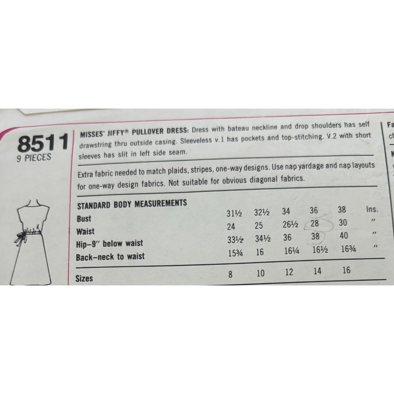 Simplicity Sewing Pattern 8511 Jiffy Dress Bateau Neckline Vintage Size 10 UC