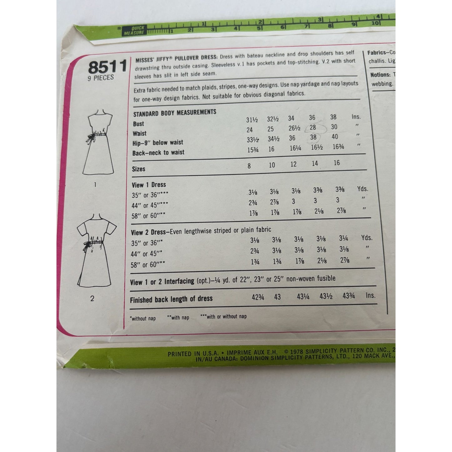 Simplicity Sewing Pattern 8511 Jiffy Dress Bateau Neckline Vintage Size 10 UC